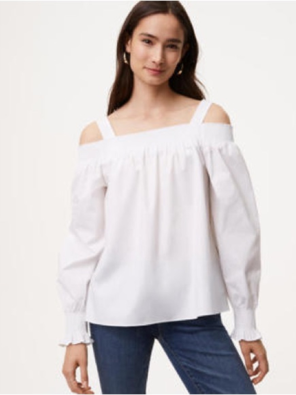 LOFT white blouse a romantic off-the-shoulder smocked details and long sleeves